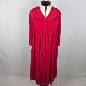 Torrid Dress Women's 0X 12 Red Midi Dot Chiffon Cottagecore Lagenlook 3/4 Sleeve